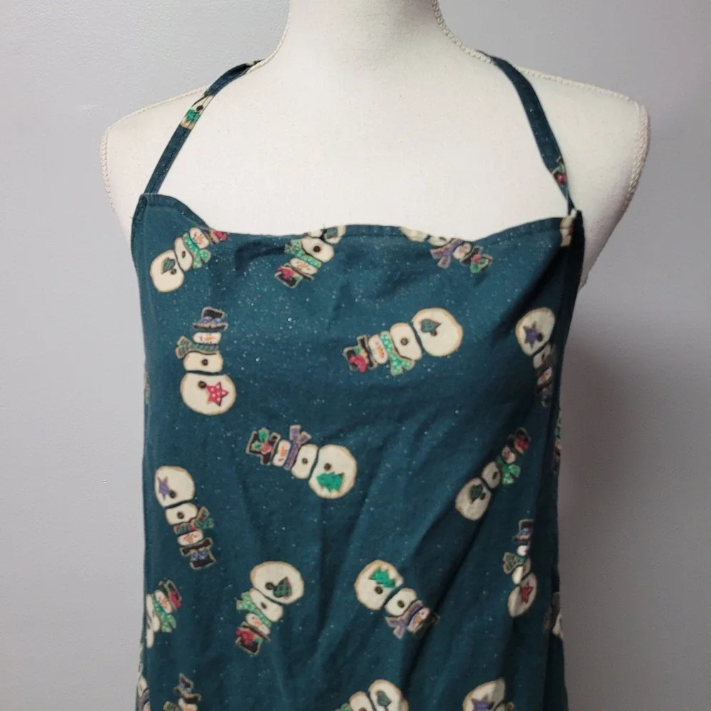Womens Teal Snowman Print Halter Neck Apron with Lace Pockets‎ Kitchenware